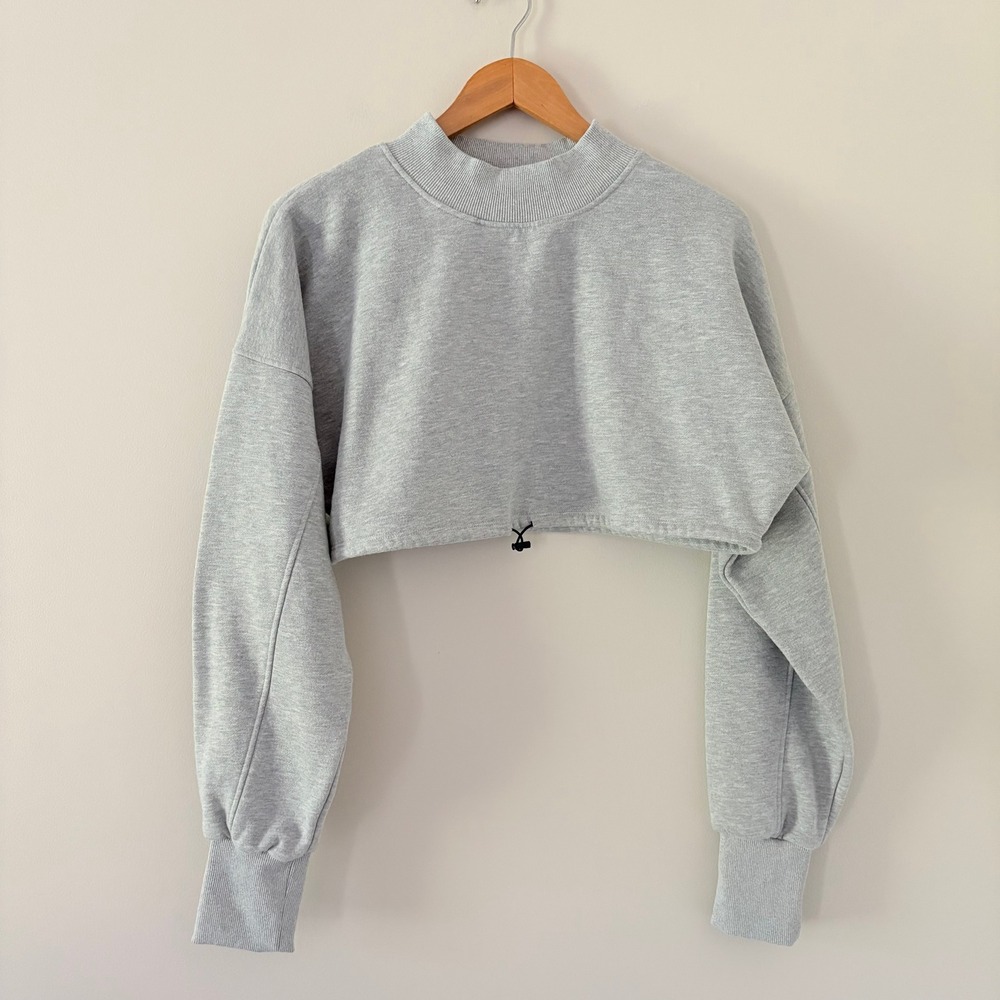 ACTA Essential Sweatshirt Ultra Crop Medium Gray Mock Neck Fleece Drawstring